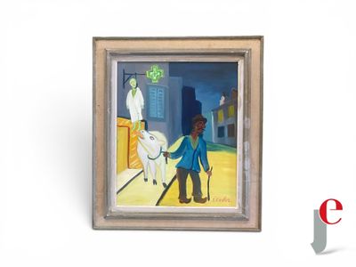 un tableau représentant un homme promenant un chien en laisse