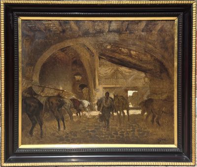 painting of a group of horses in a stable with a man leading them