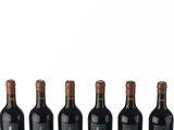 six bottles of red wine lined up in a row on a white surface