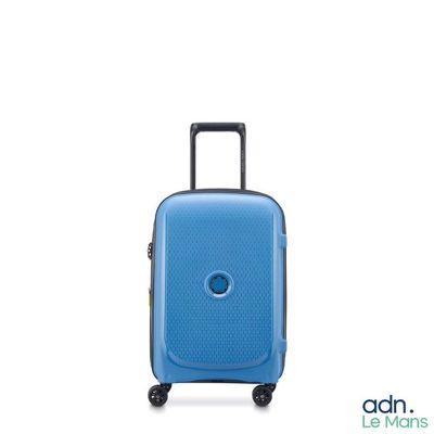 a blue piece of luggage with wheels on a white background