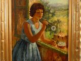 tableau représentant une femme en robe bleue soufflant des bulles de savon sur le rebord d'une fenêtre