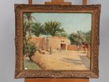 painting on easel of a village scene with a donkey and a house