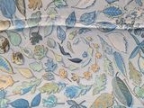 a close up of a blue and yellow floral print fabric
