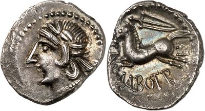 a silver coin with an image of a woman and a bird on it