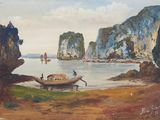 une peinture représentant un bateau sur un plan d'eau