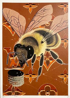 peinture représentant une abeille sur un fond marron, entourée de fleurs orange et jaunes