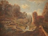 peinture représentant un paysage avec une rivière et un pont au premier plan