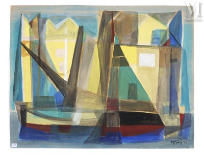 une peinture représentant un bateau sur l'eau avec un bâtiment en arrière-plan