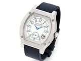 an image of a wrist watch with a white dial and black rubber band