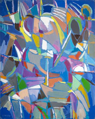 une peinture abstraite représentant un groupe de personnes dans une pièce bleue