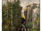 an image of a painting of a waterfall in the woods