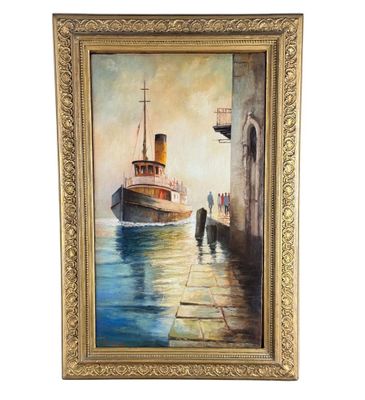 une peinture à l'huile représentant un bateau sur l'eau, à côté d'un bâtiment