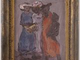 une peinture à l'huile représentant trois femmes coiffées de chapeaux, debout les unes à côté des autres