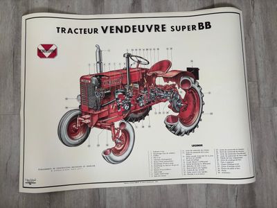 un tracteur rouge posé sur un plancher en bois, près d'un mur