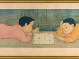 tableau représentant deux enfants allongés par terre en train de jouer aux dames