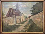 an oil painting of a village street with a church in the background