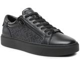 a black leather sneaker with a monogram print on the side