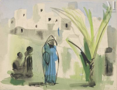 une peinture représentant une femme et un homme devant un bâtiment