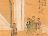 an image of a painting of a group of people standing in front of a building
