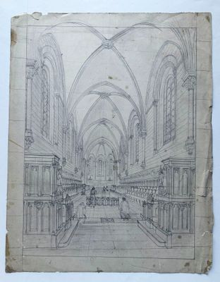 dessin représentant l'intérieur d'une église, avec un homme marchant dans l'allée centrale