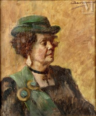 une peinture à l'huile représentant une femme portant un chapeau vert et une robe verte