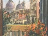 a painting of a view of a city from a window