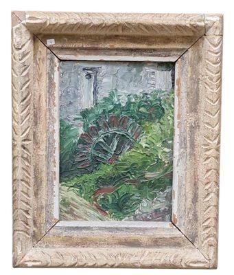 an image of a painting of a house with a garden in the foreground
