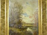 un tableau représentant un paysage avec des arbres et de l'eau, dans un cadre doré