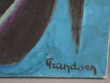 a painting of a woman in a blue dress on a table