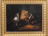 an image of a painting of a dog sitting in front of a easel