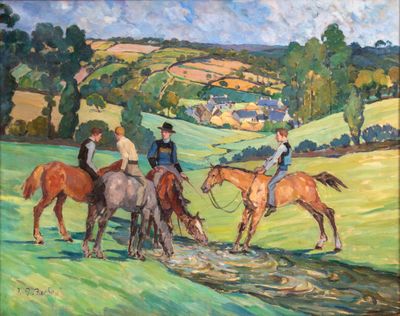 painting of a group of people riding horses in a field