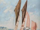 painting of a sailboat with pink sails in a body of water