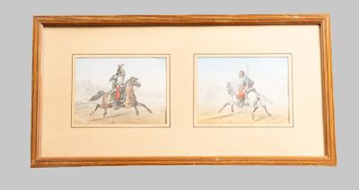 two framed pictures of a man riding a horse and a woman riding a horse