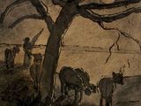 painting of a group of cows grazing under a tree in a field