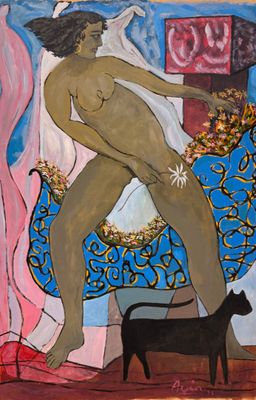 un tableau représentant une femme et un chat posés sur une table