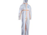 a man in a white coverall with orange trims and a hood