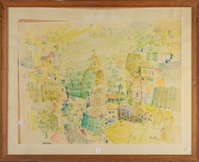 une image représentant une aquarelle d'une ville, dans un cadre en bois