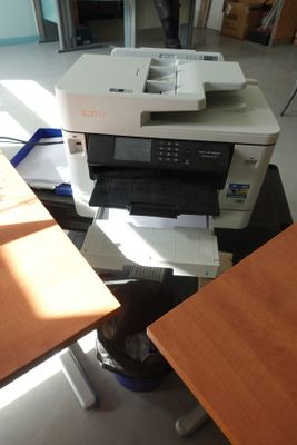 un chat assis sur un bureau, à côté d'une imprimante