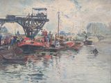 a painting of a harbor scene with boats and people