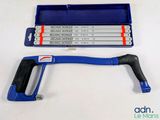 a close up of a blue hand saw with a blue handle