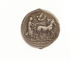 une image représentant une pièce de monnaie sur laquelle figurent un cheval et un homme