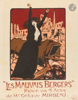 une vieille affiche représentant une femme levant le poing devant une ville
