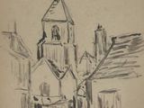 drawing of a church with a steeple and a boat in the foreground