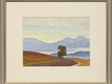 a watercolor painting of a road with a lone tree in the distance