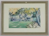 framed watercolor painting of a landscape with rocks and trees