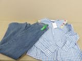 blue and white checkered shirt and jeans on a table