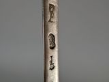 a close up of a spoon with a silver handle on it