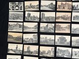 several old black and white photos of a city on a black background