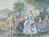 a painting of a group of people walking in the woods