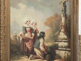 un vieux tableau représentant une femme et deux enfants dans un paysage
